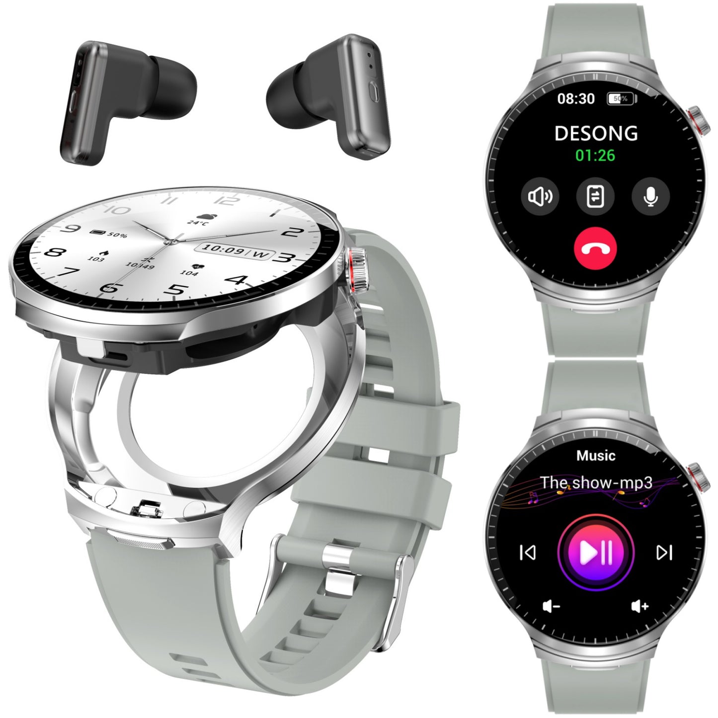 DESONG Smart Watch with Bluetooth Earbuds 1.85-Inch Round HD Screen Big Szie Smartwatches 100+ Sports Modes Heart Rate Monitor for men