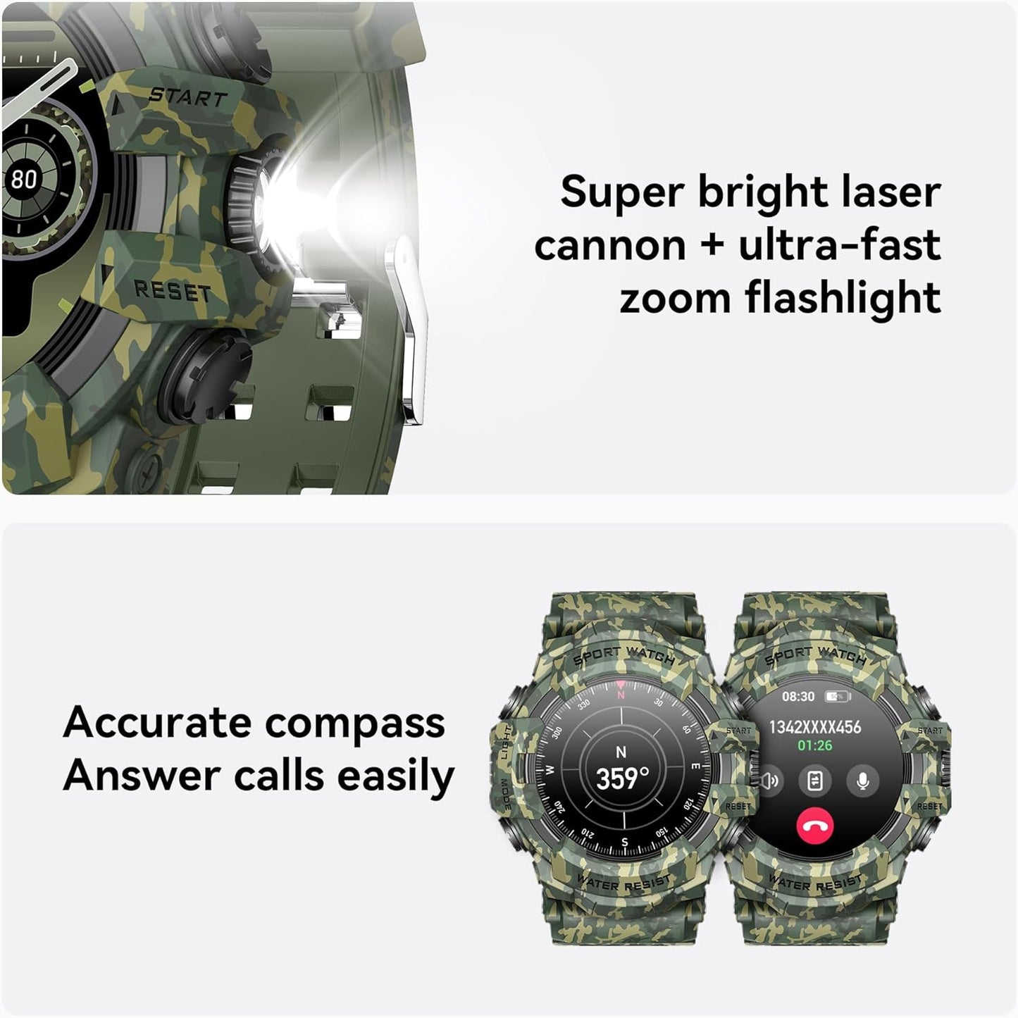 DESONG Military Smart Watch with Flashlight (Answer/Make Call) Compass,Pedometer/Heart Rate/Sleep/100+ Sports Modes, Fitness Tracker IP68 Waterproof, Long Battery Life Android & iOS