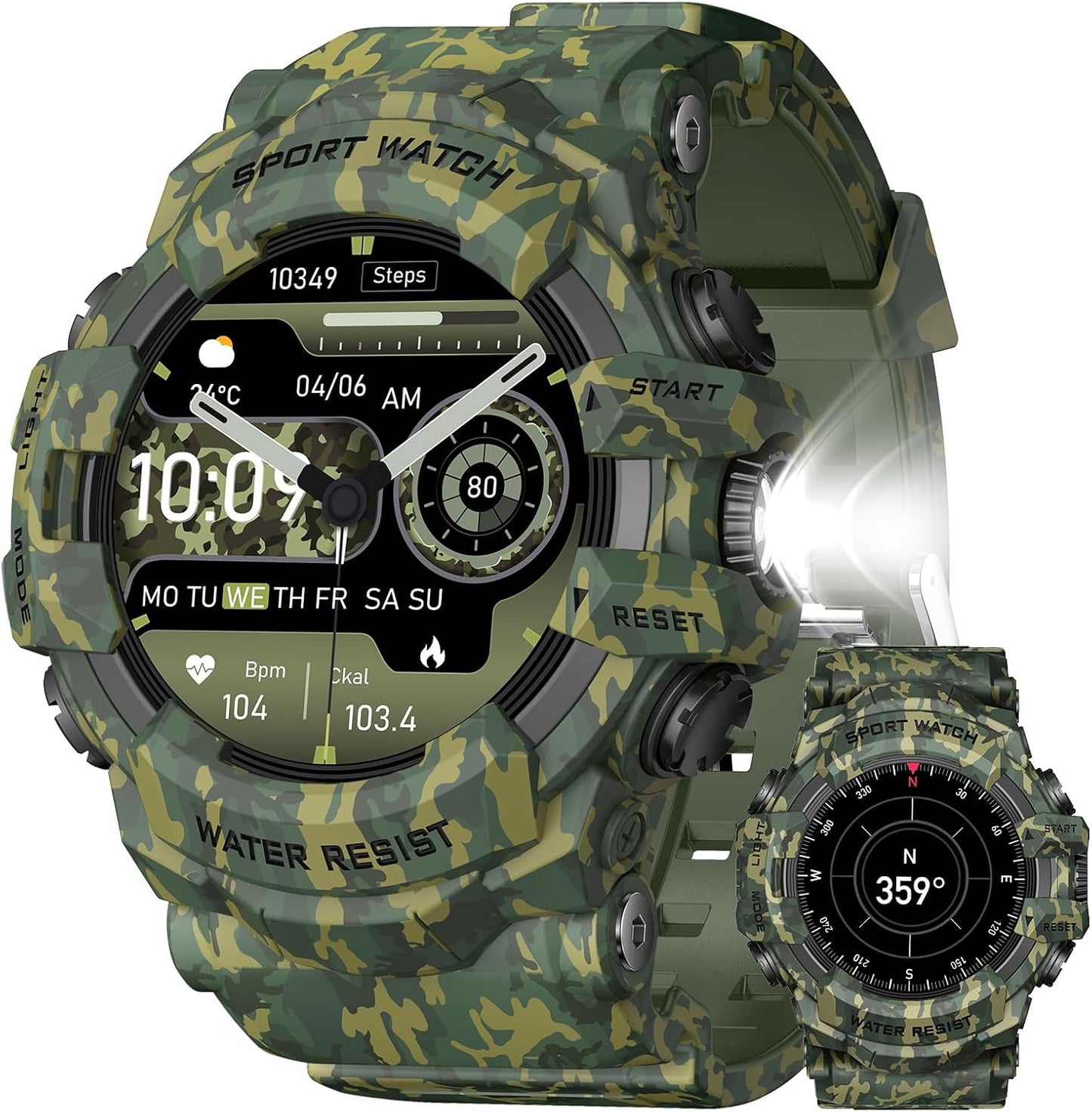 DESONG Military Smart Watch with Flashlight (Answer/Make Call) Compass,Pedometer/Heart Rate/Sleep/100+ Sports Modes, Fitness Tracker IP68 Waterproof, Long Battery Life Android & iOS