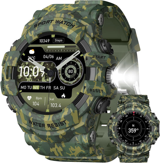 DESONG Military Smart Watch with Flashlight (Answer/Make Call) Compass,Pedometer/Heart Rate/Sleep/100+ Sports Modes, Fitness Tracker IP68 Waterproof, Long Battery Life Android & iOS
