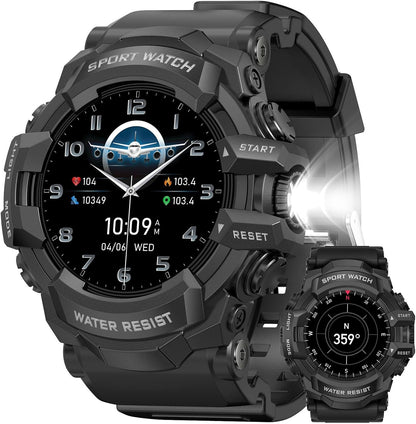 DESONG Military Smart Watch with Flashlight (Answer/Make Call) Compass,Pedometer/Heart Rate/Sleep/100+ Sports Modes, Fitness Tracker IP68 Waterproof, Long Battery Life Android & iOS